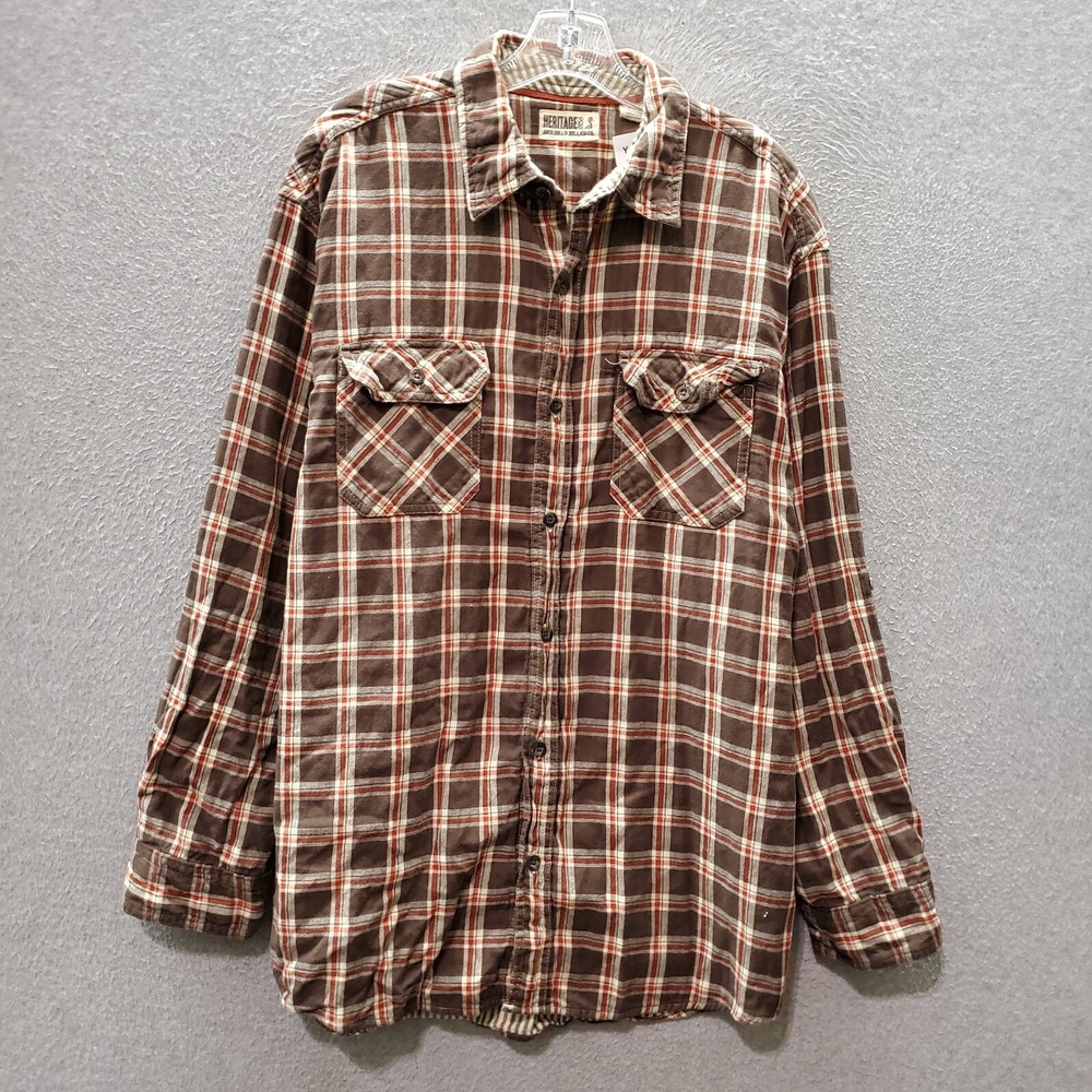 RedHead Heritage Men Button Up Shirt Large Brown Plaid Flannel Pockets